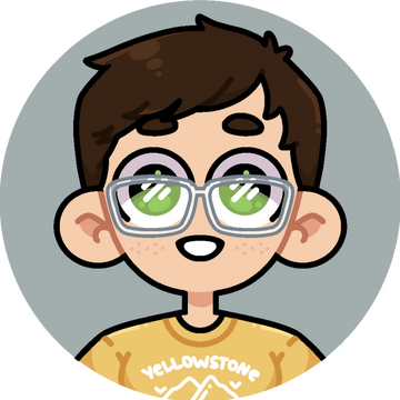 A chibi icon image of Wren Brennr; a CIS woman in a yellow yellowstone t-shirt, with clear-framed glasses, green eyes, and short brown hair.